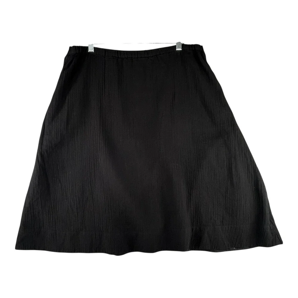 Eileen Fisher Black Organic Cotton Skirt Womens Large Lined Elastic Waist Pocket